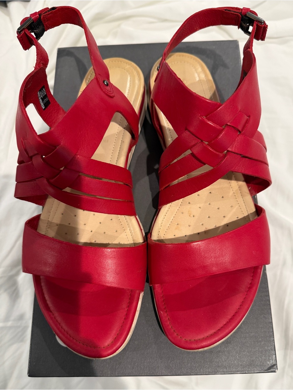Ecco Red Leather Strappy Sandals with Ankle Buckle